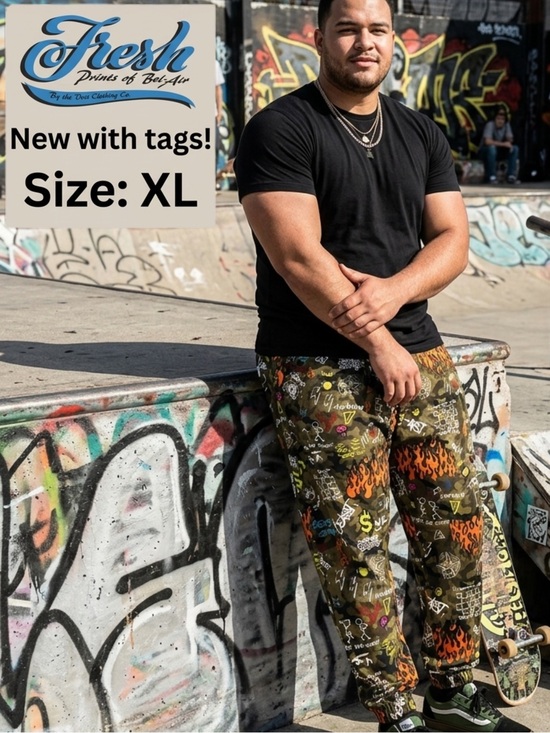 Drill Clothing Company Other - FRESH PRINTS OF BEL-AIR Men’s Camo Graffiti Joggers XL NWT Streetwear Flames